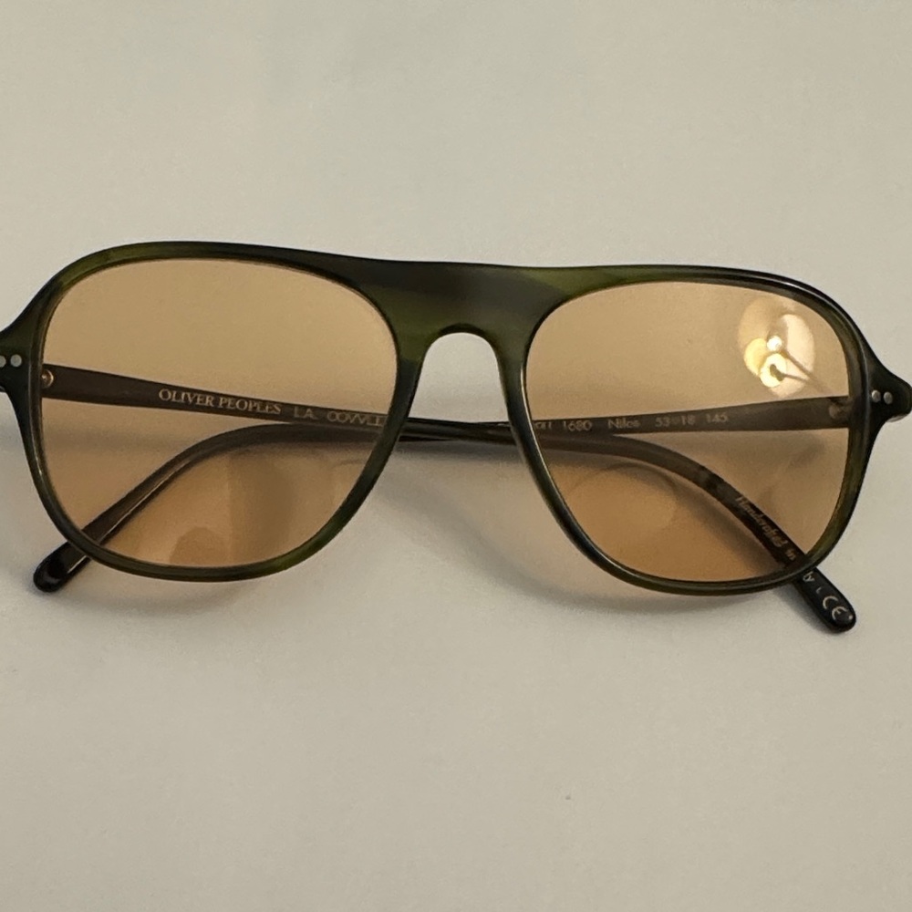 Oliver Peoples Nilos Green Frame Sunglasses with Amber Lenses, Italy (Unisex)